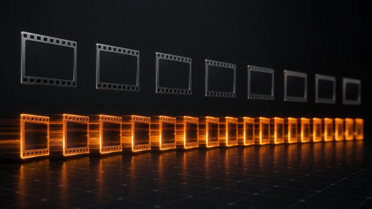Two horizontal rows of film frames on dark charcoal, the lower row twice as dense and glowing neon orange