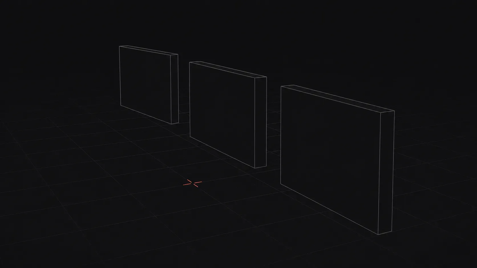 Three blank extruded slabs standing in perspective on a receding ground-plane grid, with a small red tracking crosshair on the floor