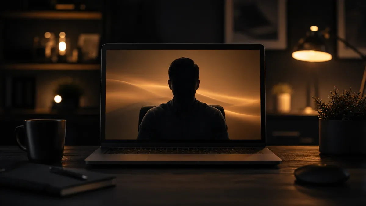 A laptop video-call window showing a silhouetted speaker in front of a slowly drifting warm gradient background in a dark home office