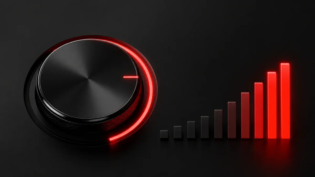 A glossy 3D render dial and bitrate bars glowing neon red over a dark charcoal export-settings panel