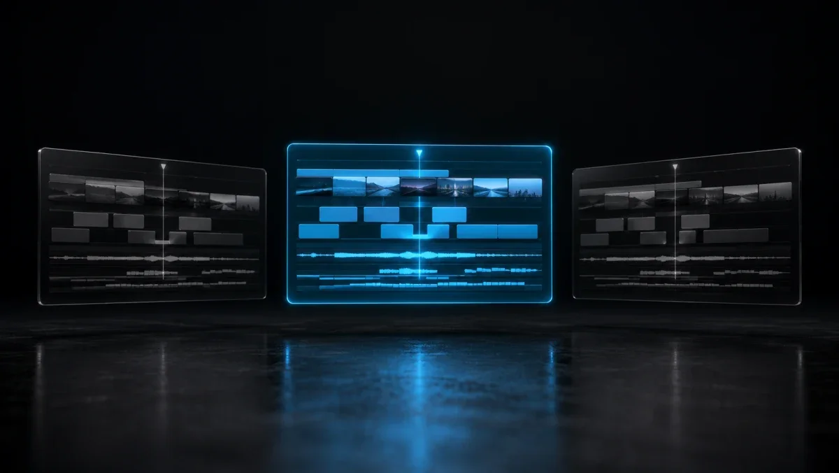 Three editing timelines hovering over a dark desk, the center one lifted and glowing electric cyan
