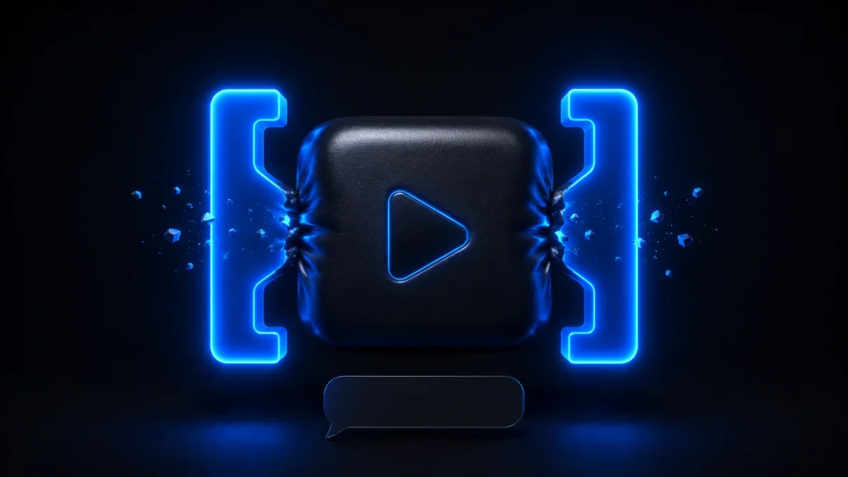 A chunky 3D video file being squeezed smaller between two glowing electric-blue brackets above a dark chat window