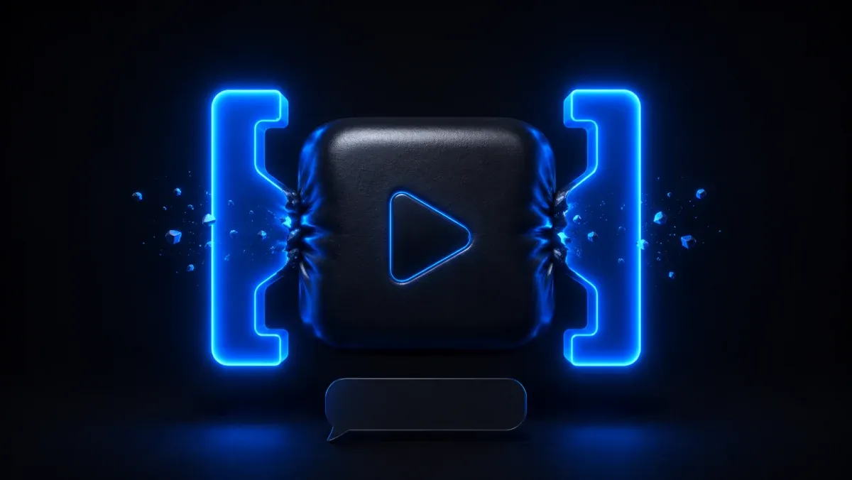 A chunky 3D video file being squeezed smaller between two glowing electric-blue brackets above a dark chat window