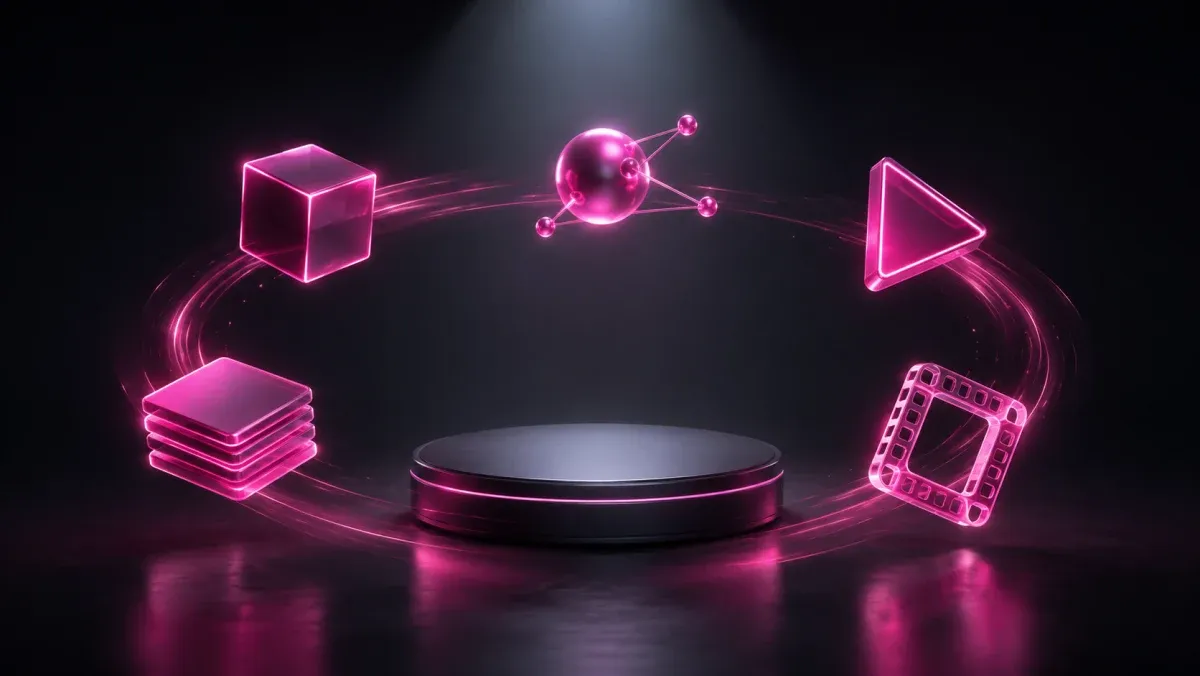 Five neon magenta tool icons orbiting an empty glowing pedestal on a dark charcoal backdrop