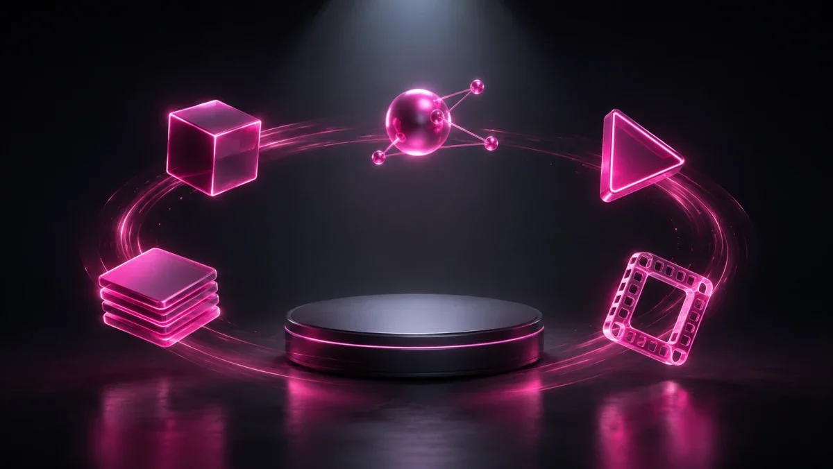 Five neon magenta tool icons orbiting an empty glowing pedestal on a dark charcoal backdrop