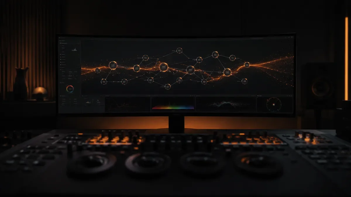 A dark color-grading suite with an ultrawide monitor showing a node graph, warm orange particle trails flowing across the timeline