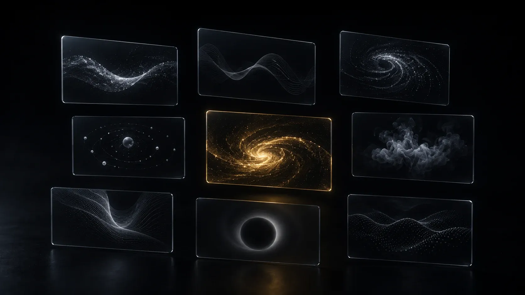 Nine floating translucent cards each holding a different animation thumbnail, one highlighted in gold