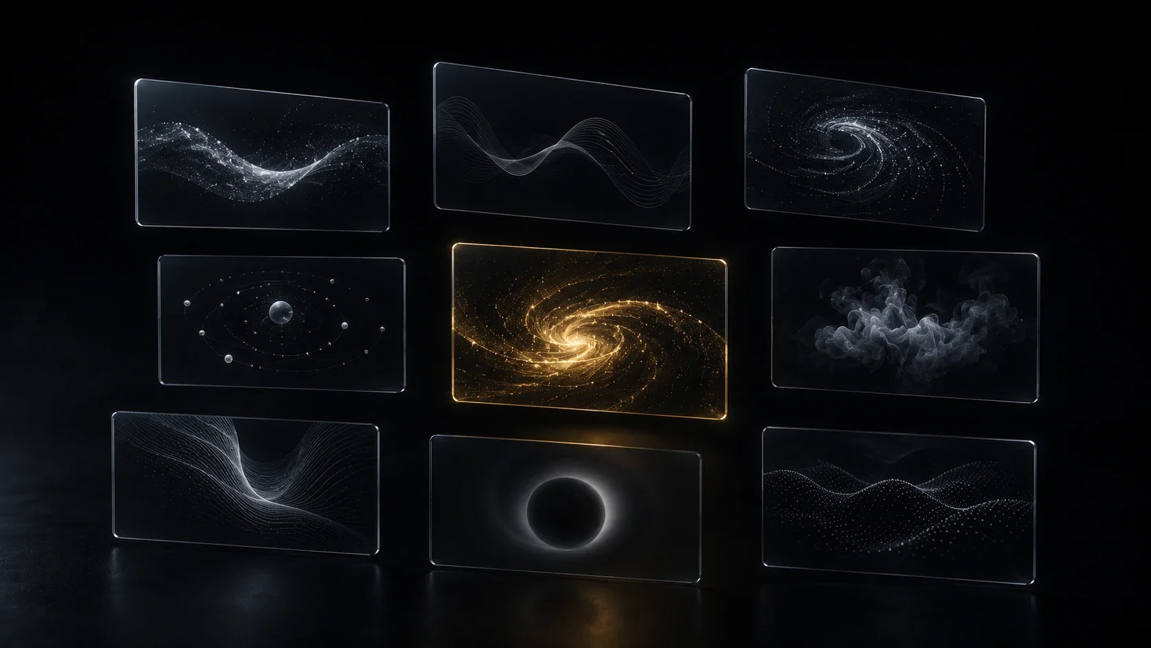 Nine floating translucent cards each holding a different animation thumbnail, one highlighted in gold