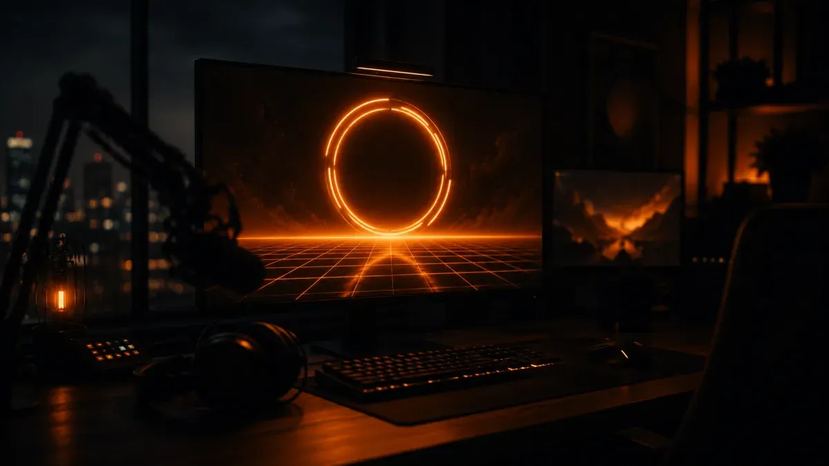 A streamer's desk from behind in a dark room, the main monitor glowing with a neon countdown ring over a synthwave grid horizon