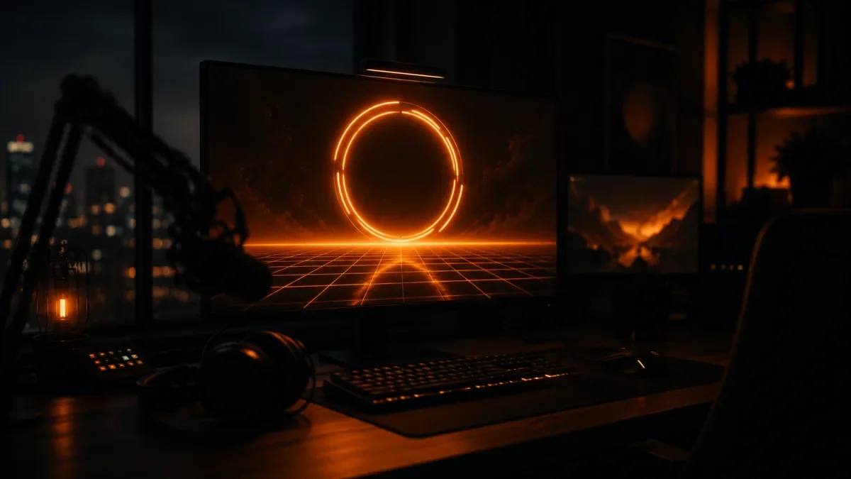 A streamer's desk from behind in a dark room, the main monitor glowing with a neon countdown ring over a synthwave grid horizon