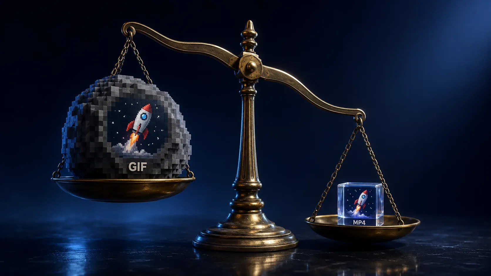A tiny sleek MP4 file cube facing off against a huge pixelated GIF boulder on a balance scale, both showing the same looping animation