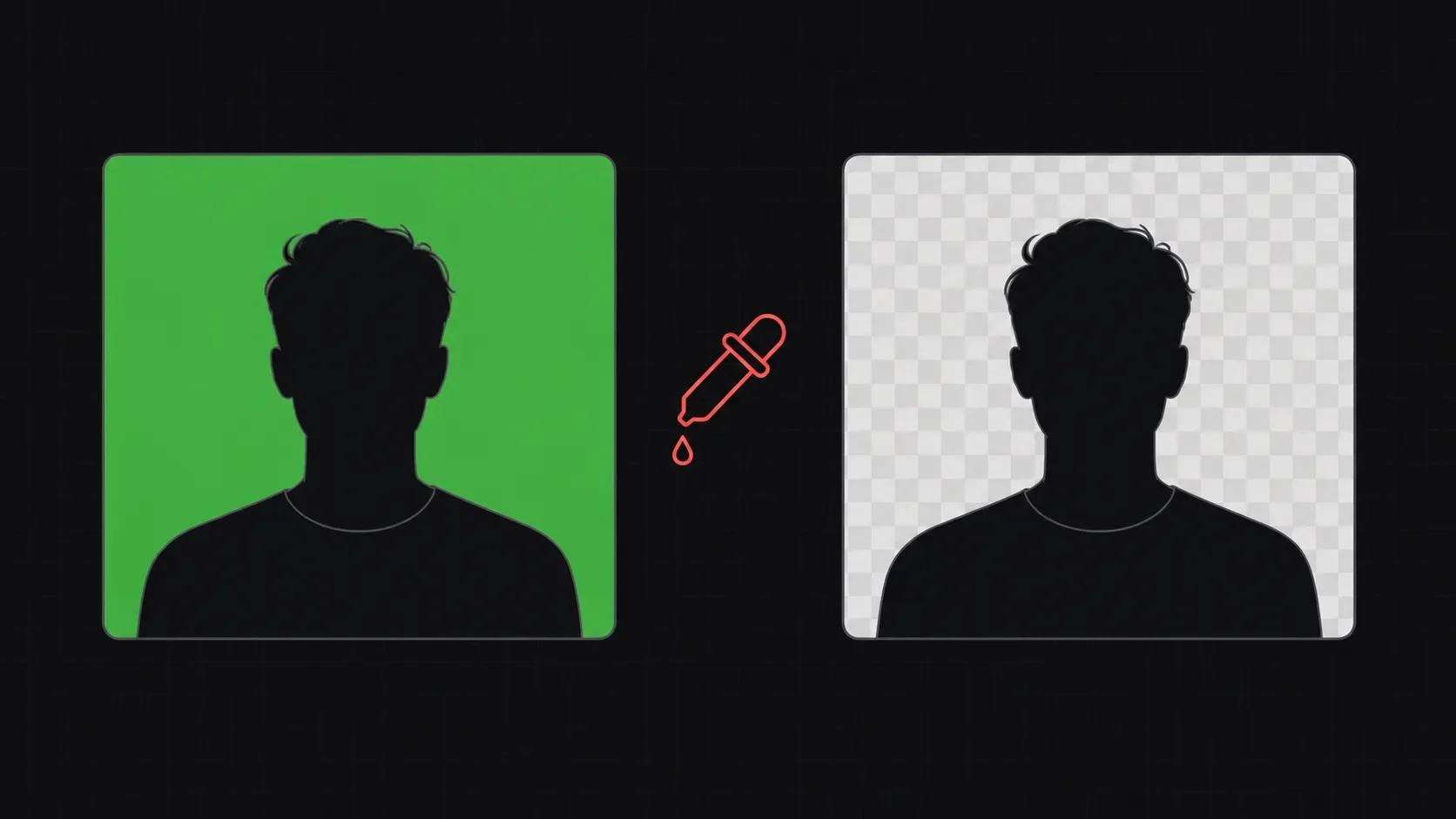 Two panels side by side: an outlined figure in front of a flat chroma-green rectangle, and the same figure with the green replaced by a transparency checkerboard, an eyedropper between them