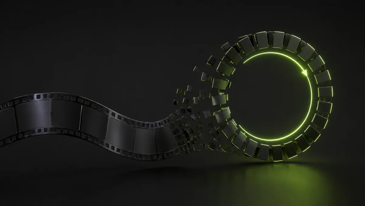 A dark film strip unspooling into a looping stack of frames lit by a single lime-green neon glow