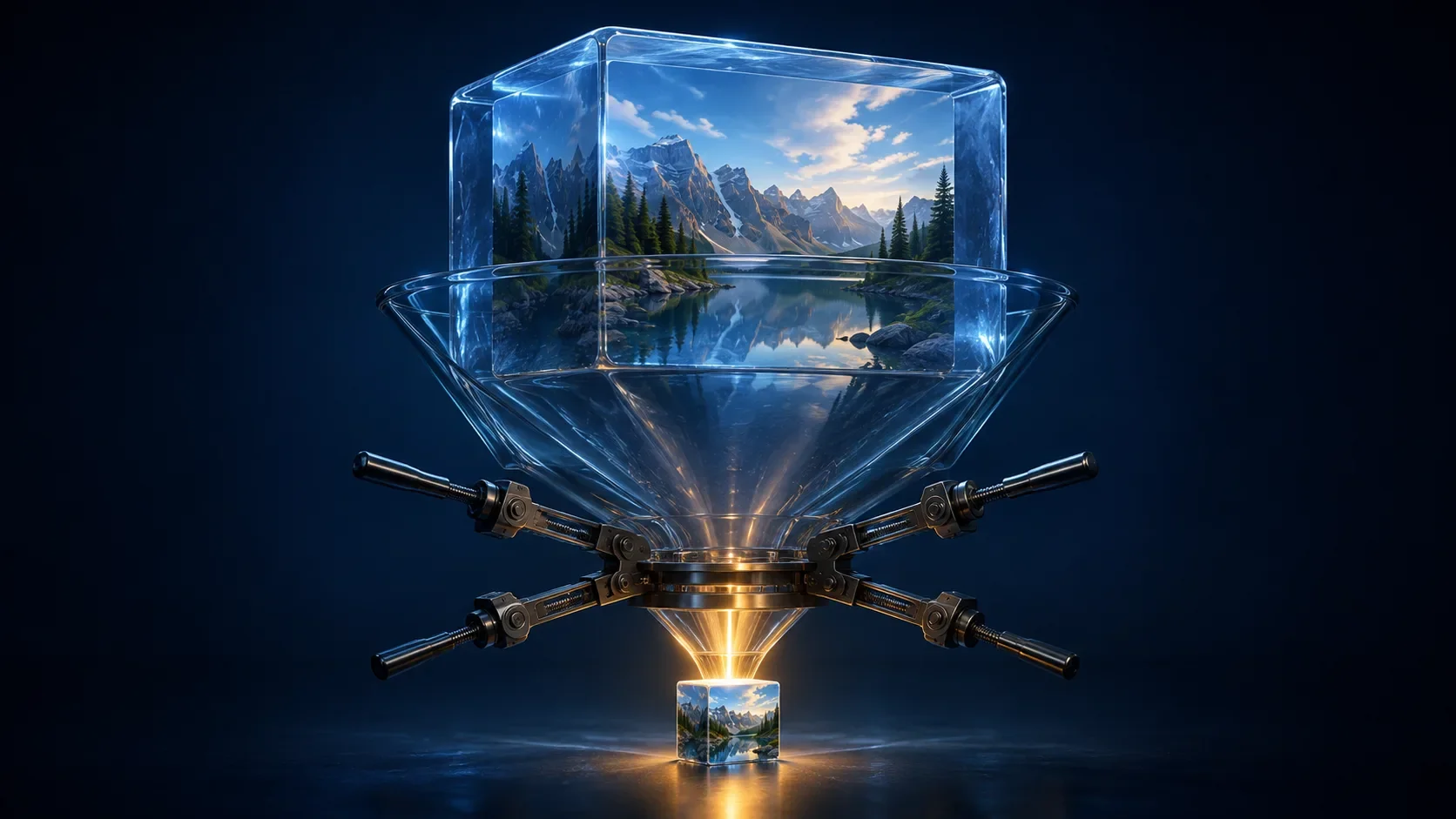 A giant video file being squeezed through a funnel of four labeled levers, emerging small and intact with its image unharmed