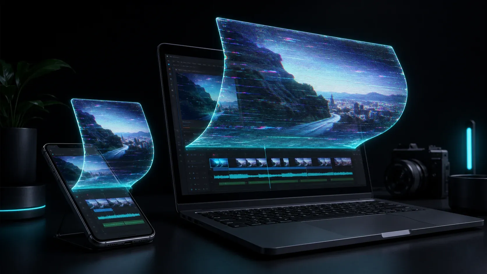 Smartphone and laptop showing video timelines with a glowing VHS-style overlay lifting off the screens