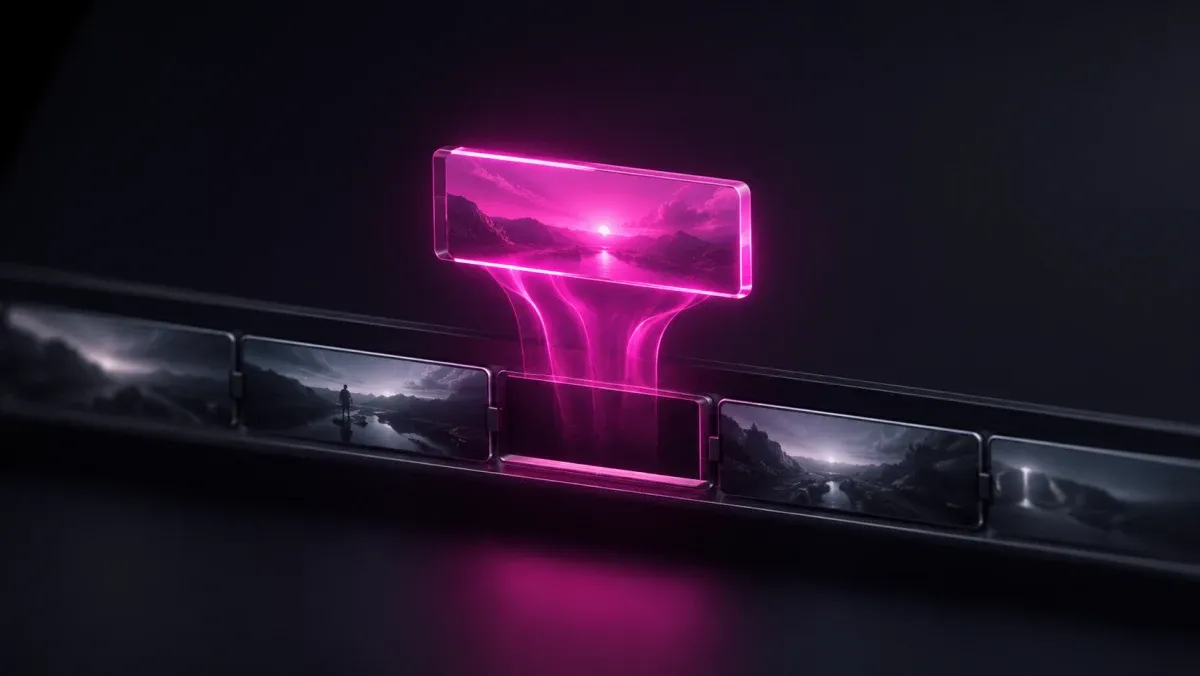 A magenta light-leak overlay clip lifting off a dark Final Cut Pro-style magnetic timeline above the primary storyline