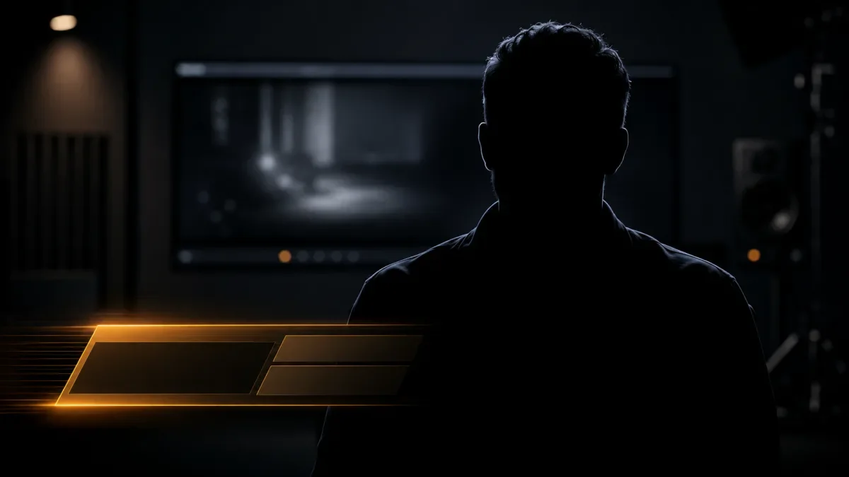 A glowing amber lower-third bar sliding into the bottom-left of a dark video frame behind a silhouetted interview subject