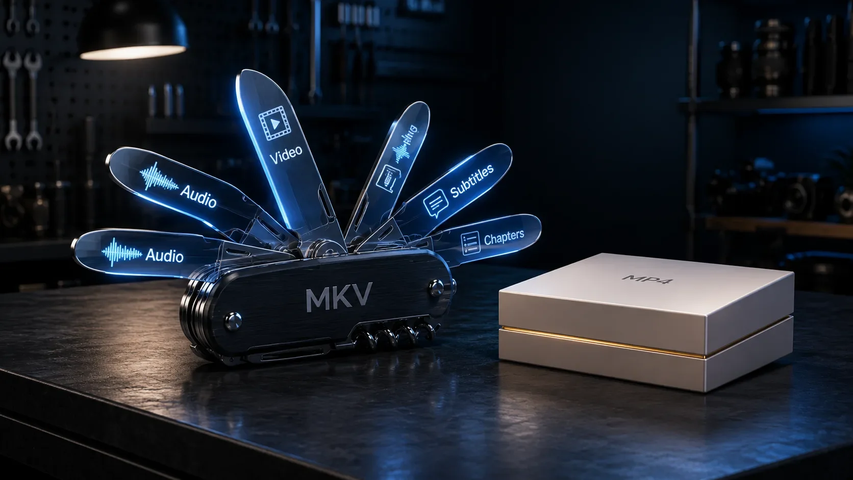 An open Swiss-army-knife-like MKV container revealing many labeled tracks, next to a sealed minimalist MP4 box, on a workbench
