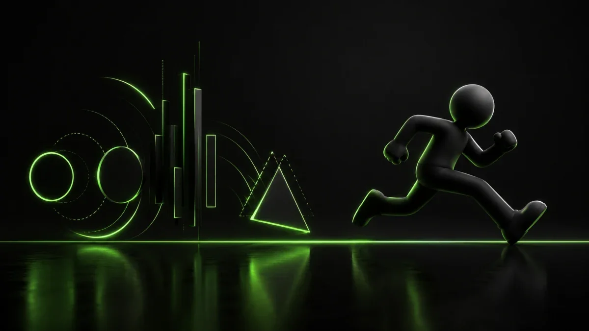 A neon green geometric logo mid-morph beside a simple walking character silhouette on dark charcoal