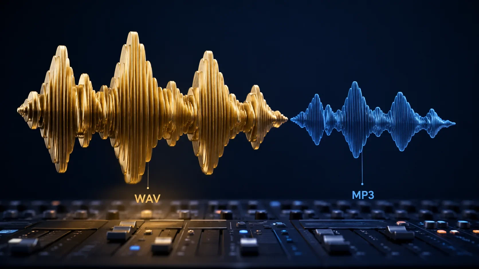 A massive dense golden waveform beside a slim compressed blue waveform of the same song, floating over a mixing console