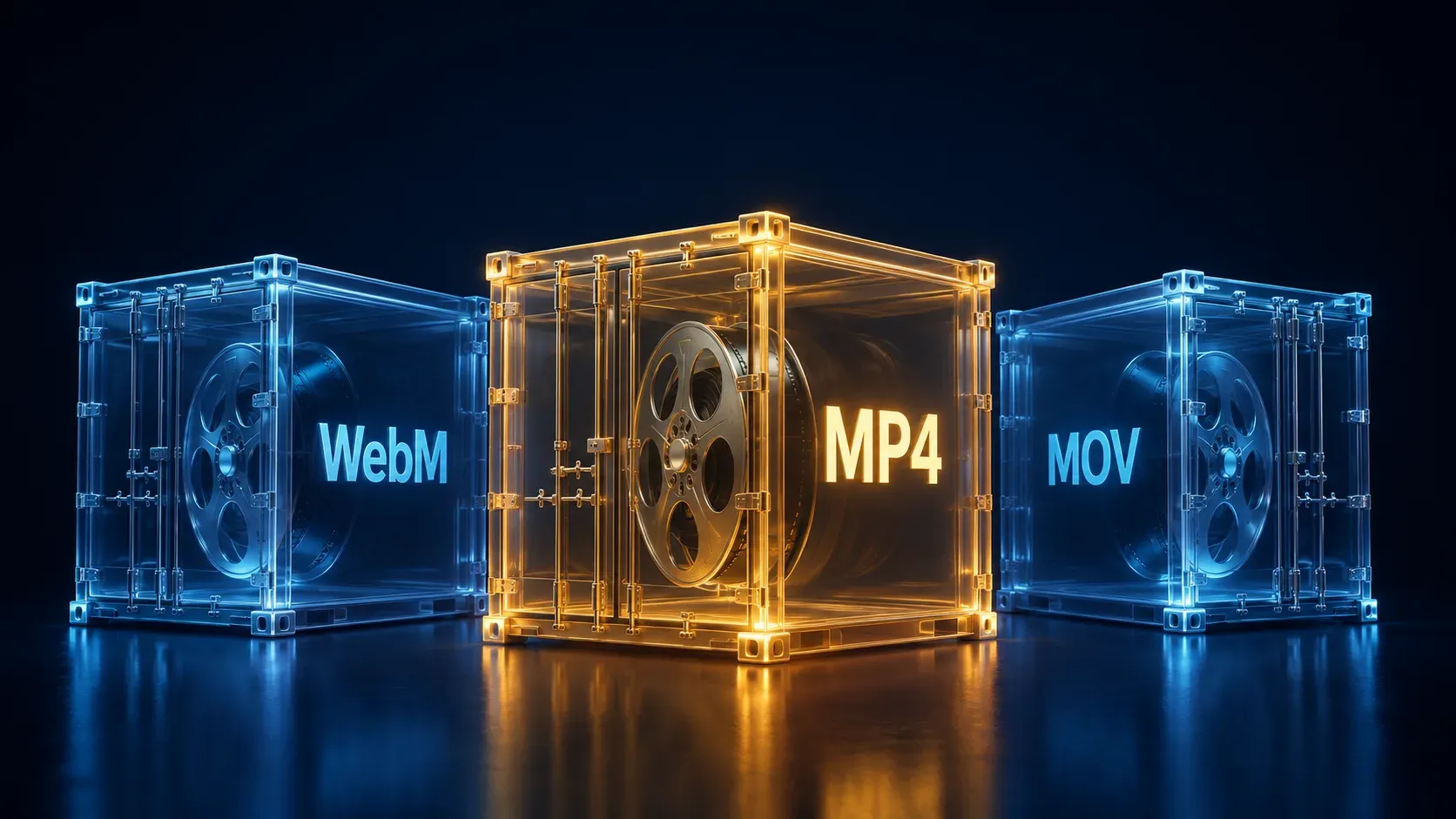 Three glowing translucent shipping containers labeled MP4, WebM, and MOV, each holding an identical spinning film reel