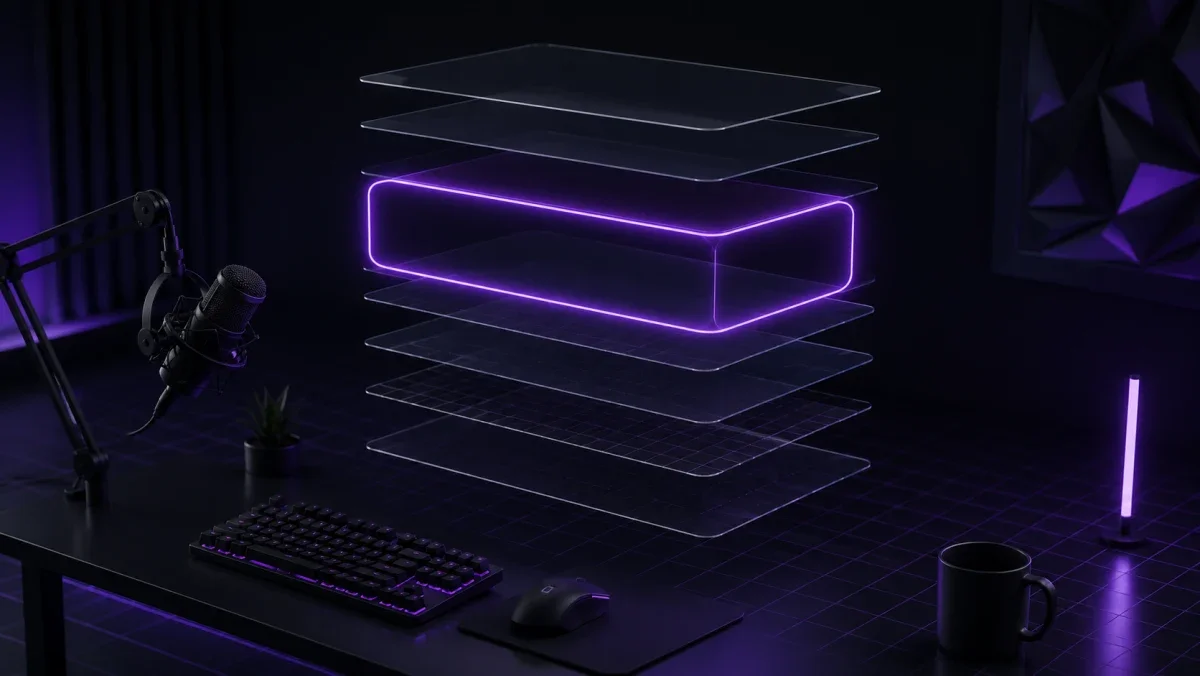 Layered translucent stream panels with a glowing purple webcam frame floating above a dark streaming desk setup