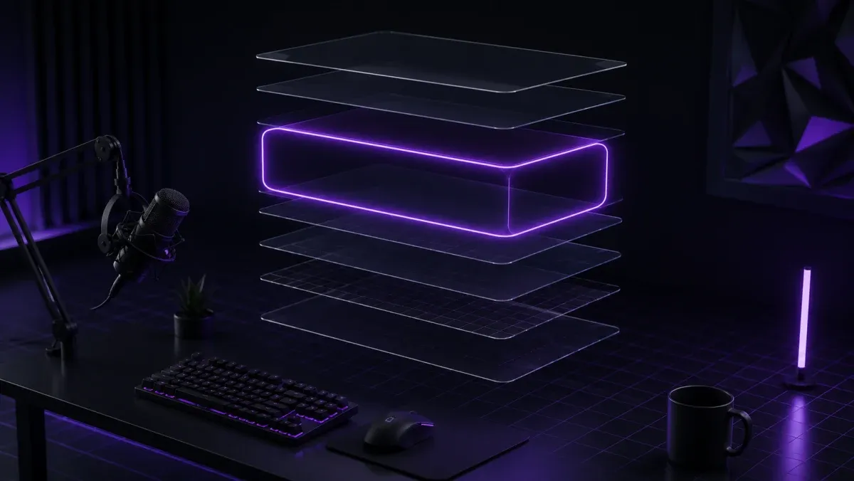 Layered translucent stream panels with a glowing purple webcam frame floating above a dark streaming desk setup