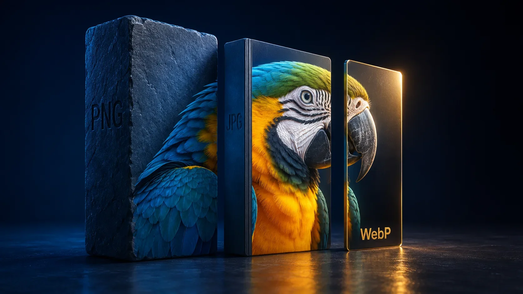 The same photograph split into three vertical panels labeled PNG, JPG, and WebP, each panel a different physical thickness