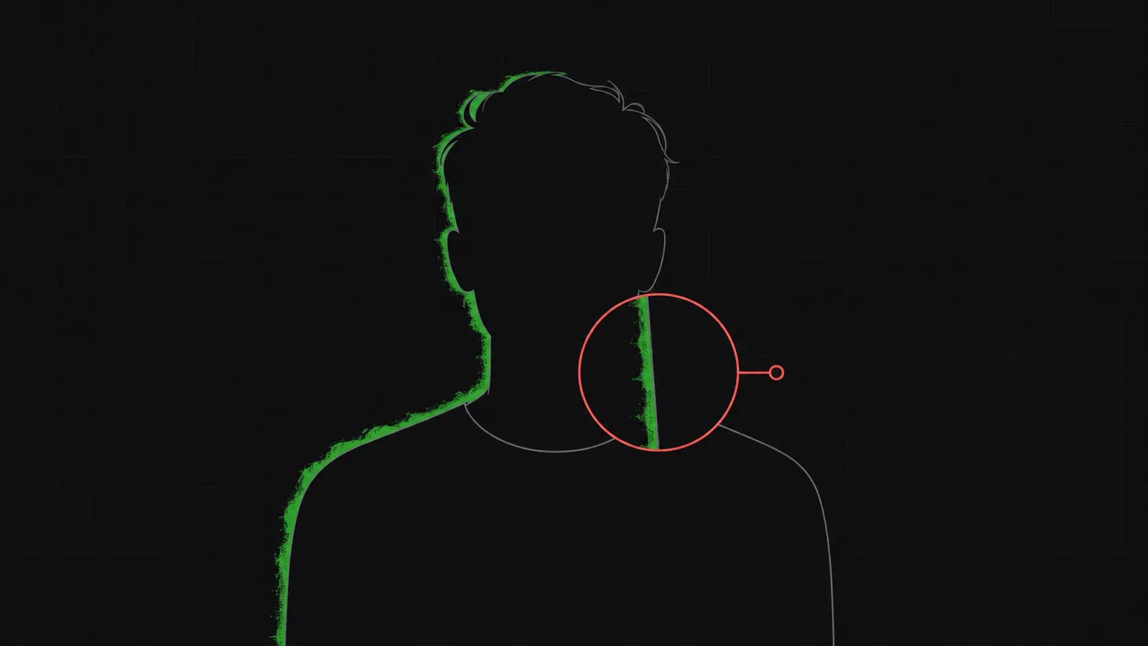 An outlined figure whose left edge carries a ragged green spill fringe while its right edge is clean, with a red loupe magnifying the point where one becomes the other