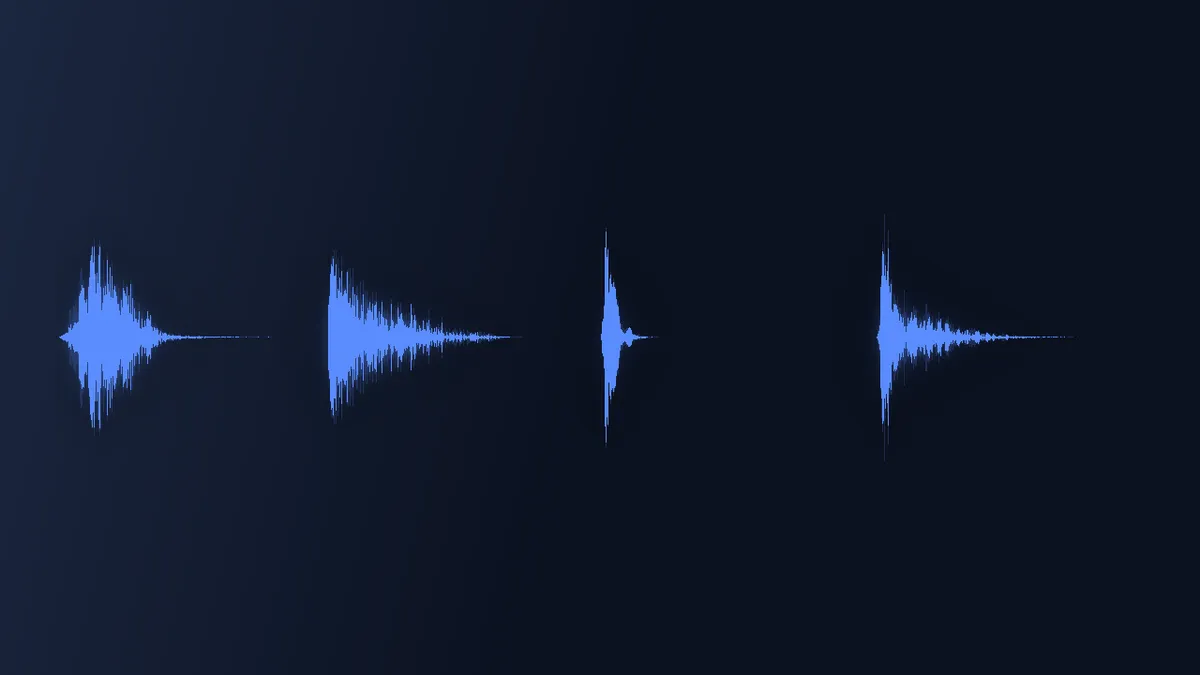 Waveform of the Cinematic Impact Pack showing four impacts with long decaying tails