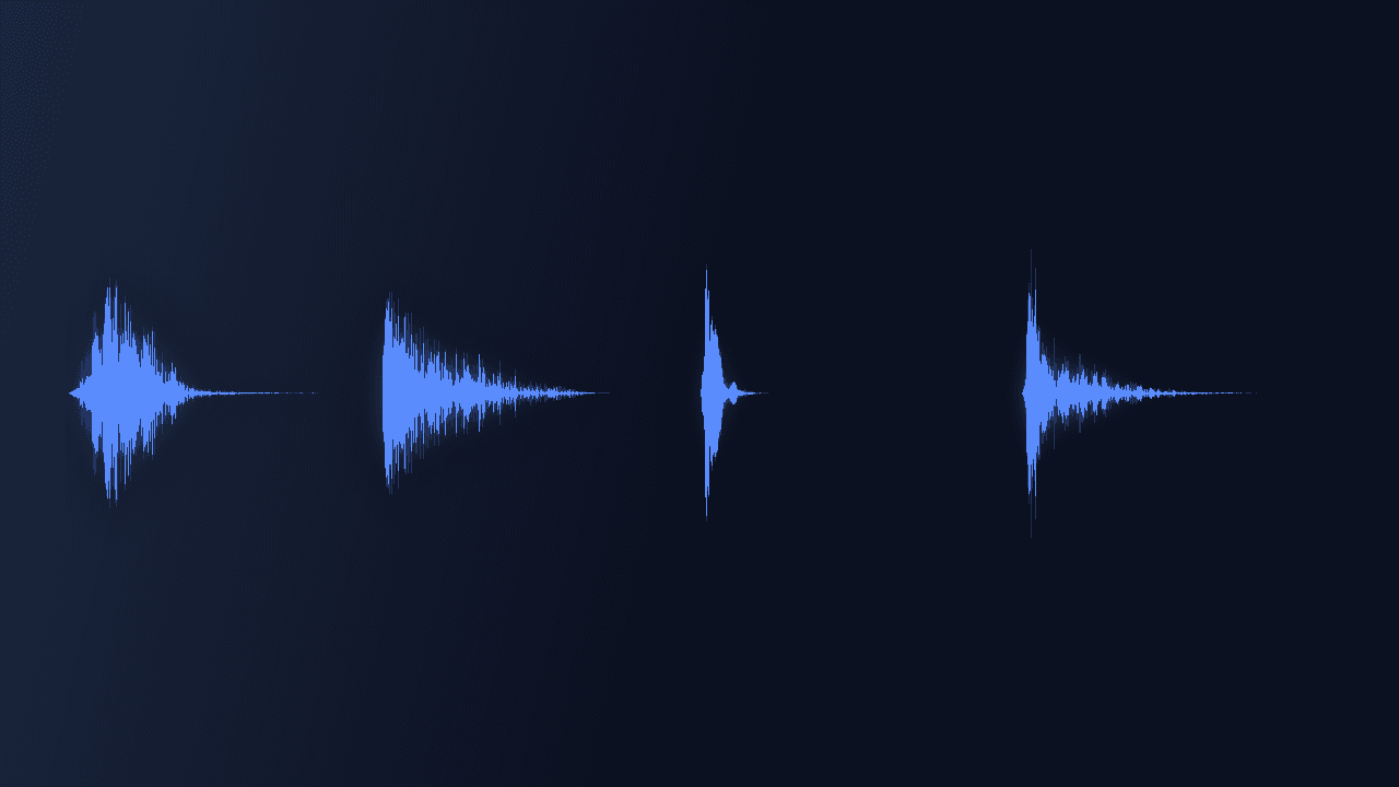 Waveform of the Cinematic Impact Pack showing four impacts with long decaying tails