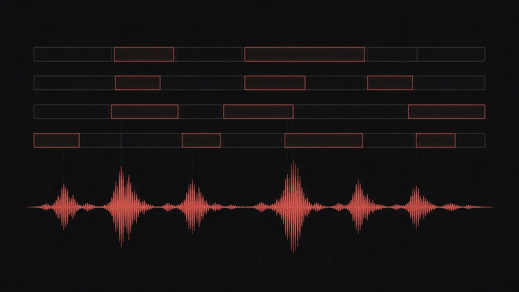 A red audio waveform along the bottom driving four layer bars above it, lit where the waveform peaks and dim where it falls quiet