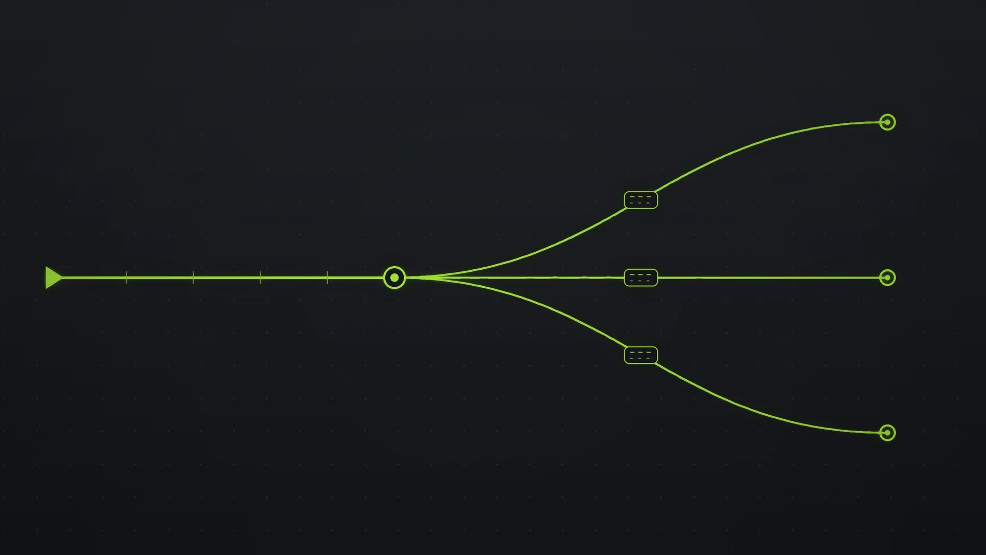 Glowing URL string branching into three labeled traffic streams above a rising analytics graph, dark charcoal background with a single orange neon accent