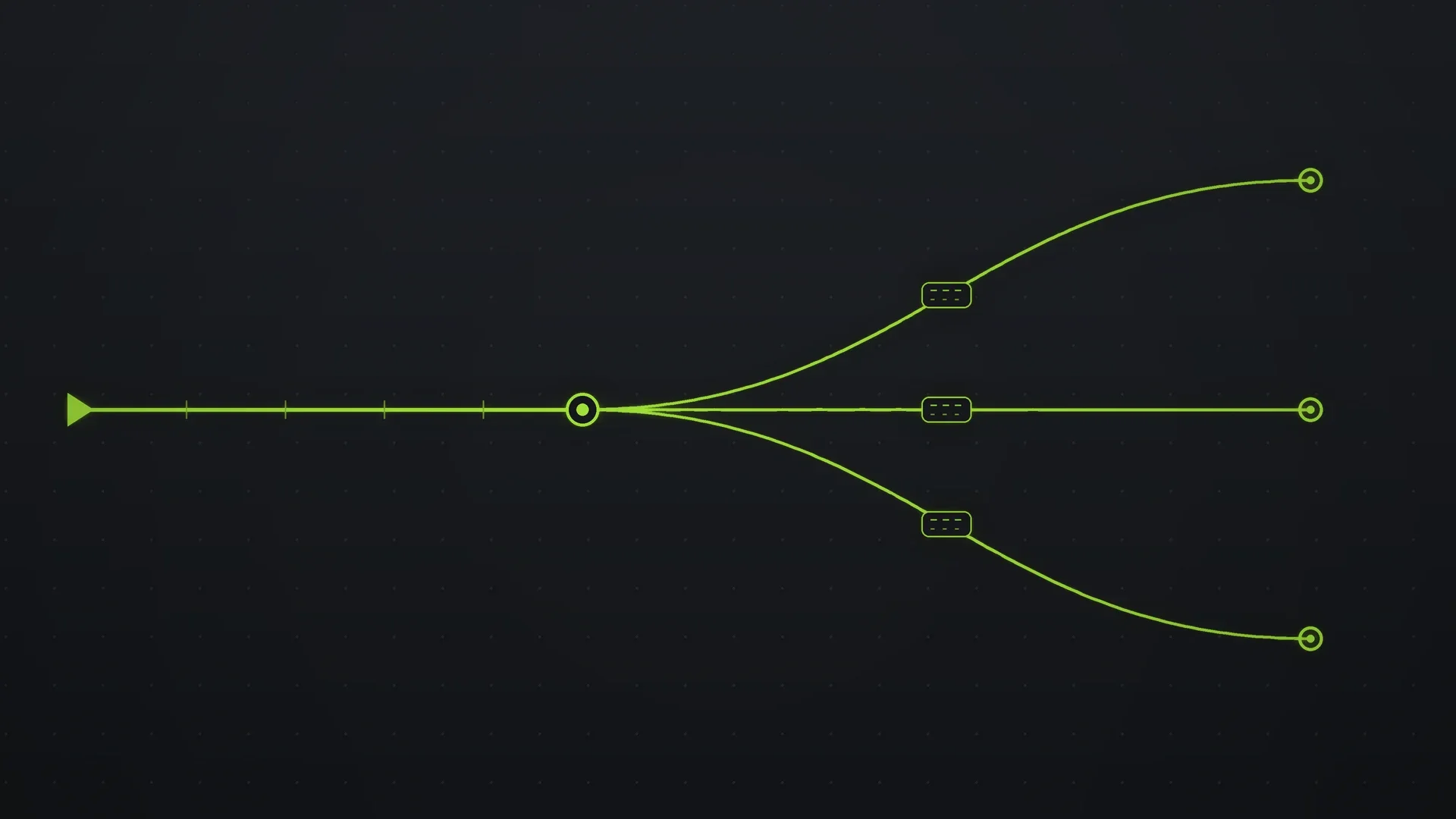 Glowing URL string branching into three labeled traffic streams above a rising analytics graph, dark charcoal background with a single orange neon accent