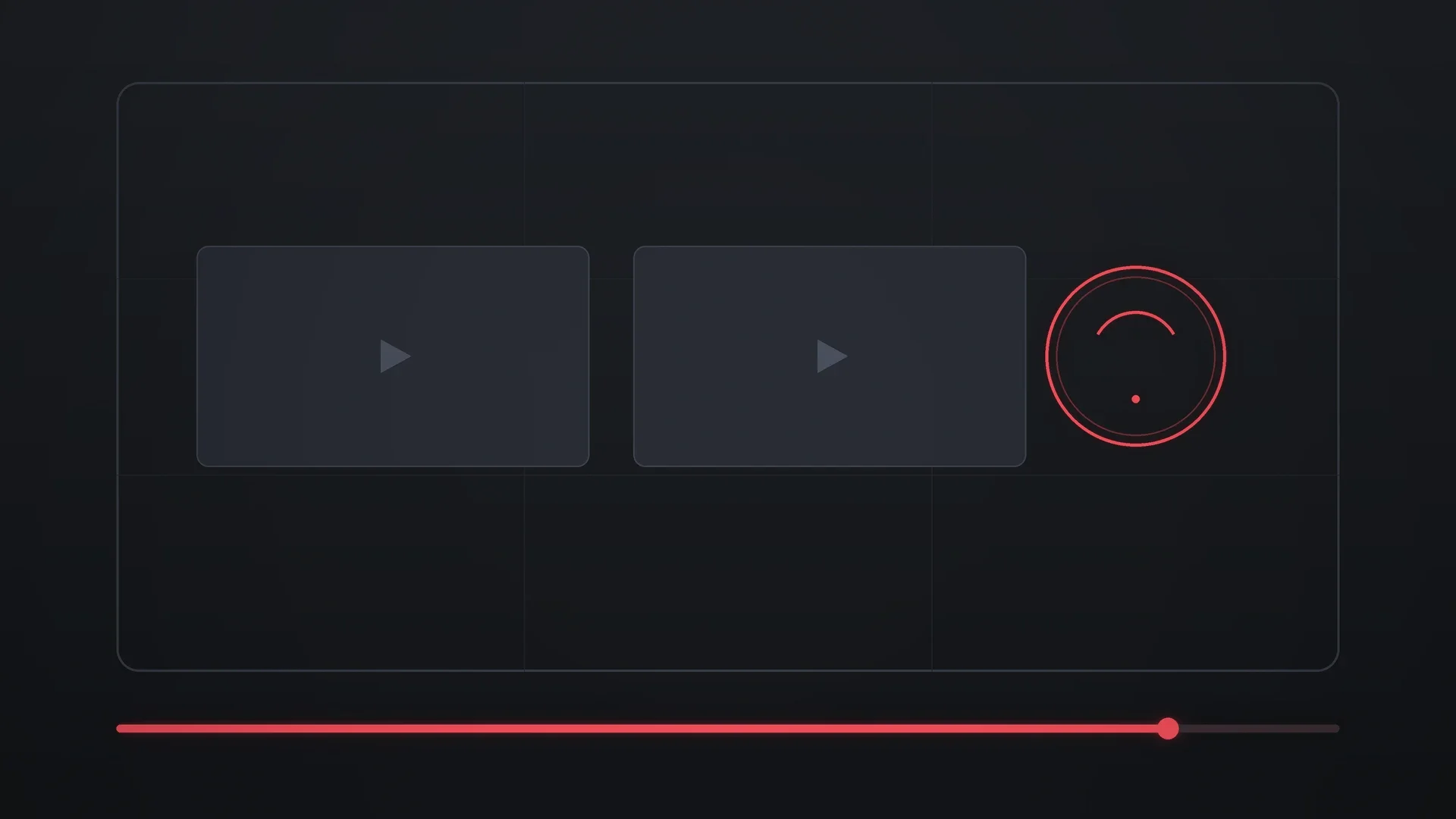 Video end card mockup with glowing rectangular element frames and a circular subscribe button on a dark editing screen, charcoal background with a single red neon accent