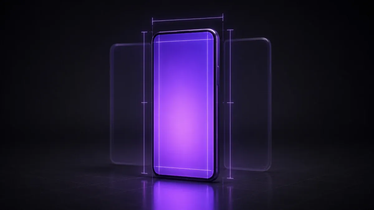 A vertical 9:16 phone frame glowing neon violet on dark charcoal with measurement guides marking its safe zones